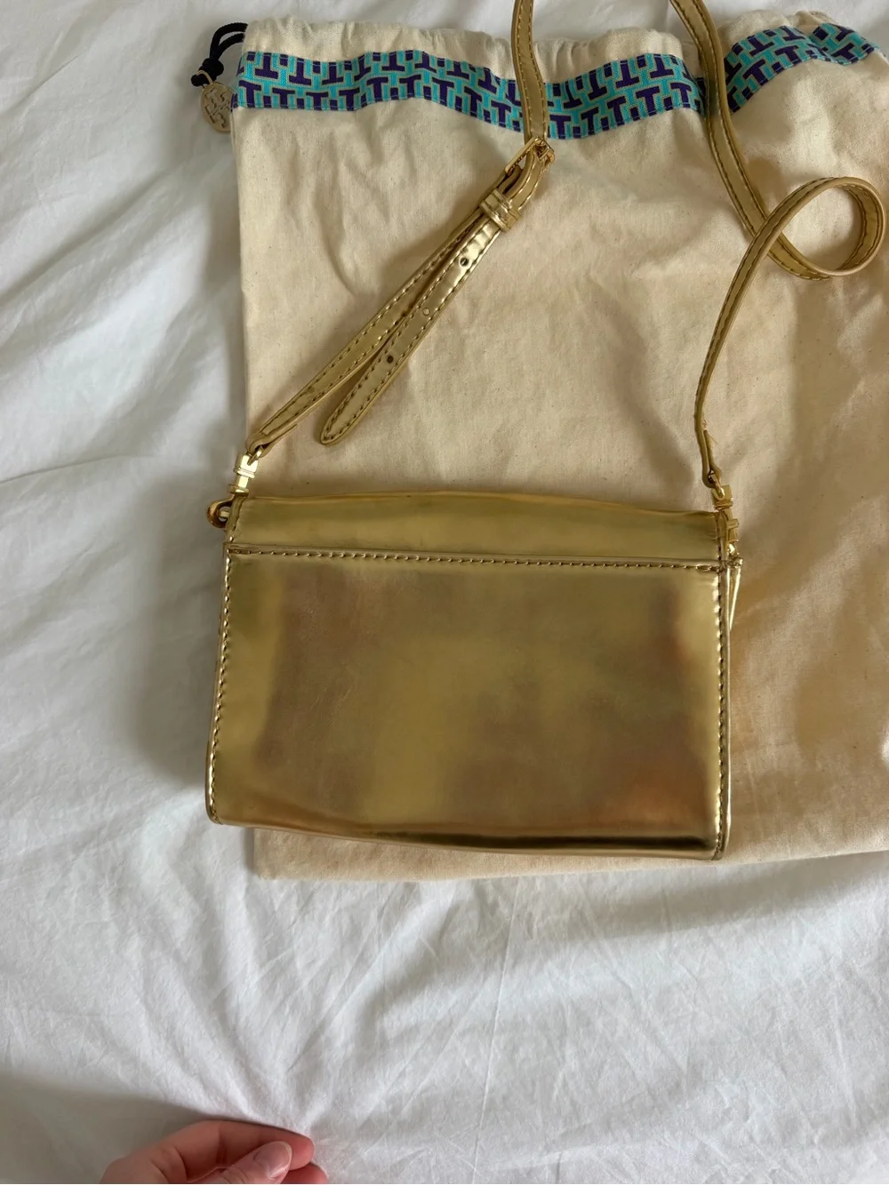 Tory Burch Metallic Gold Leather Crossbody with Perforated Logo
